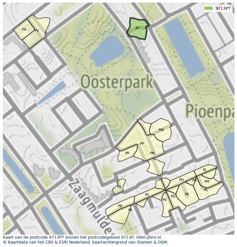 Afbeelding van het postcodegebied 9713 PT op de kaart.