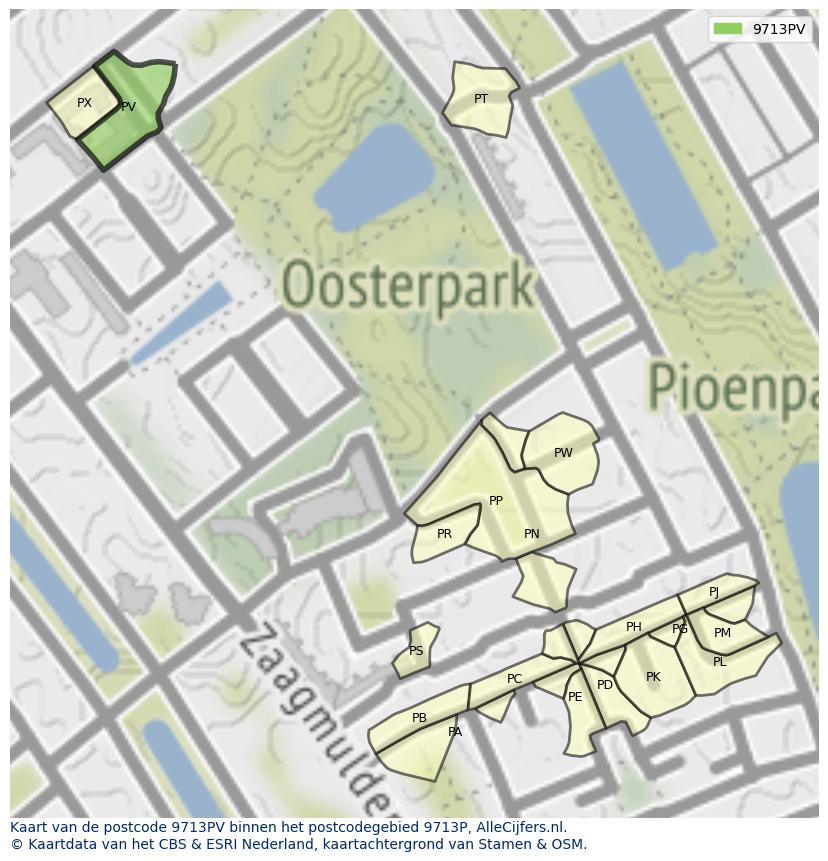 Afbeelding van het postcodegebied 9713 PV op de kaart.