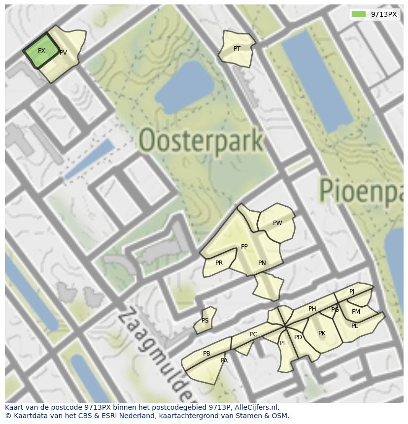 Afbeelding van het postcodegebied 9713 PX op de kaart.