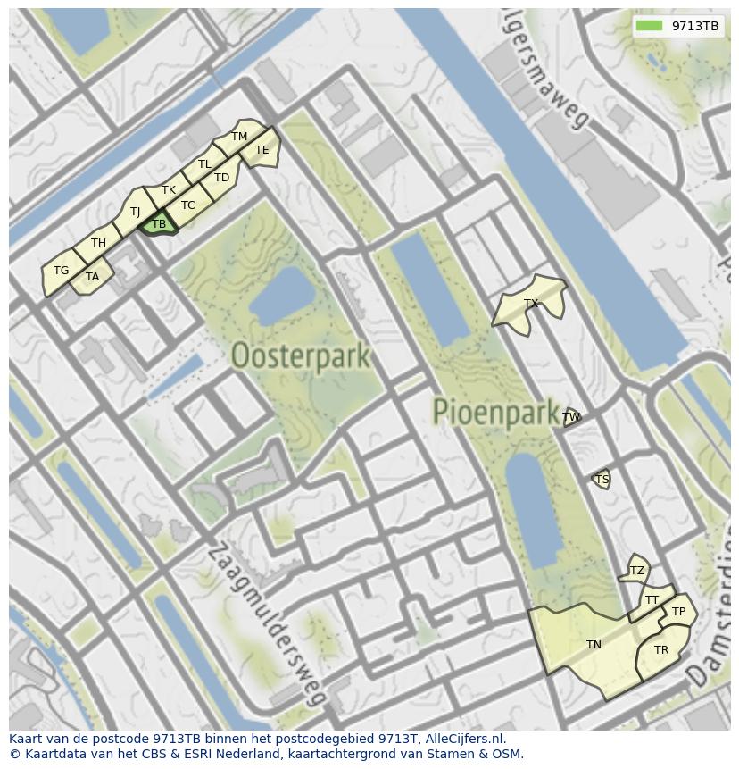 Afbeelding van het postcodegebied 9713 TB op de kaart.