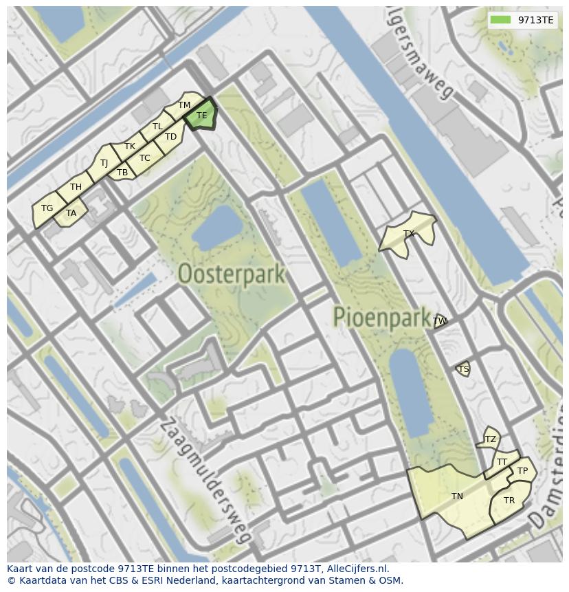 Afbeelding van het postcodegebied 9713 TE op de kaart.
