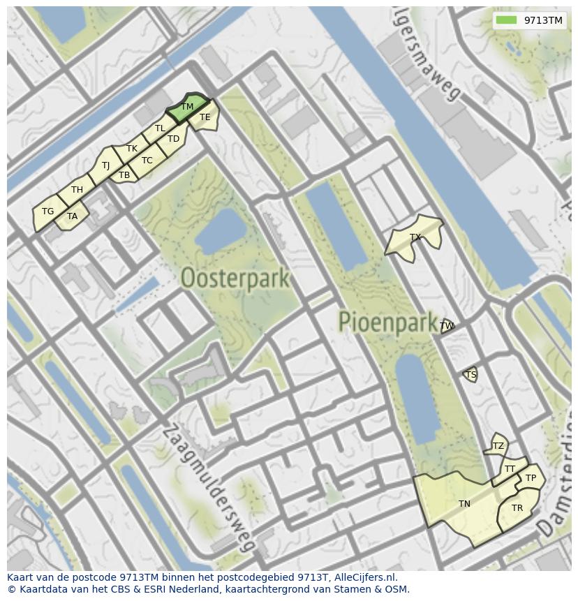 Afbeelding van het postcodegebied 9713 TM op de kaart.