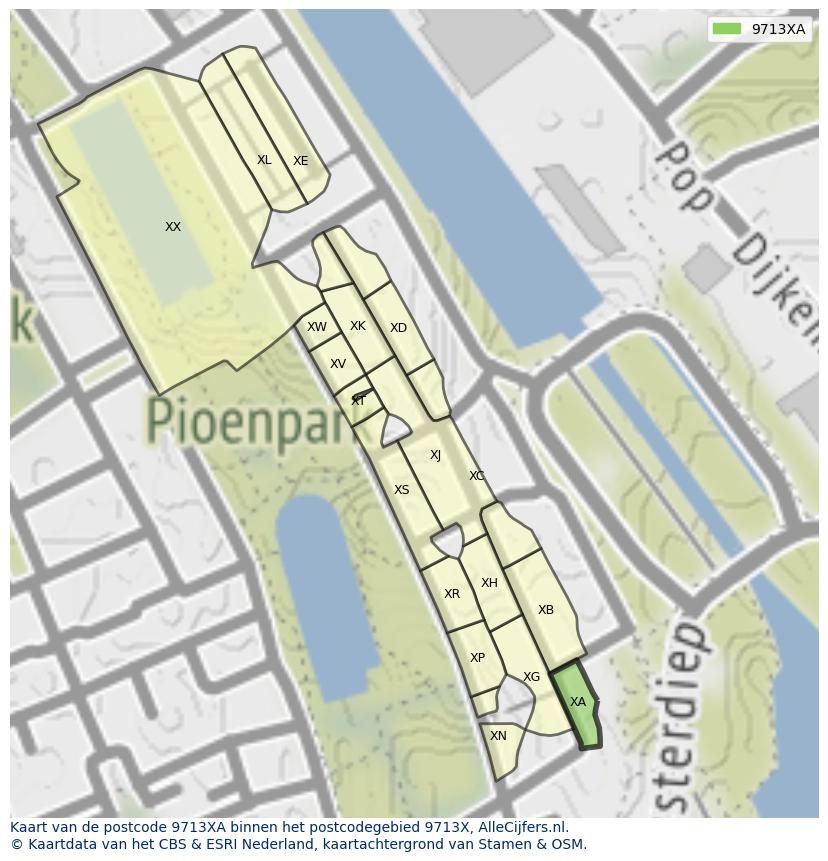 Afbeelding van het postcodegebied 9713 XA op de kaart.