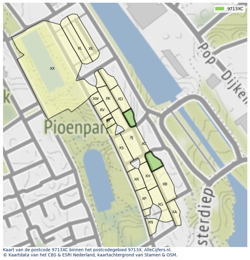 Afbeelding van het postcodegebied 9713 XC op de kaart.