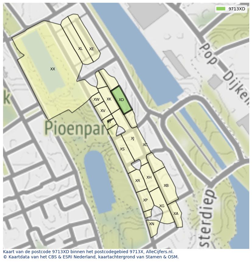 Afbeelding van het postcodegebied 9713 XD op de kaart.