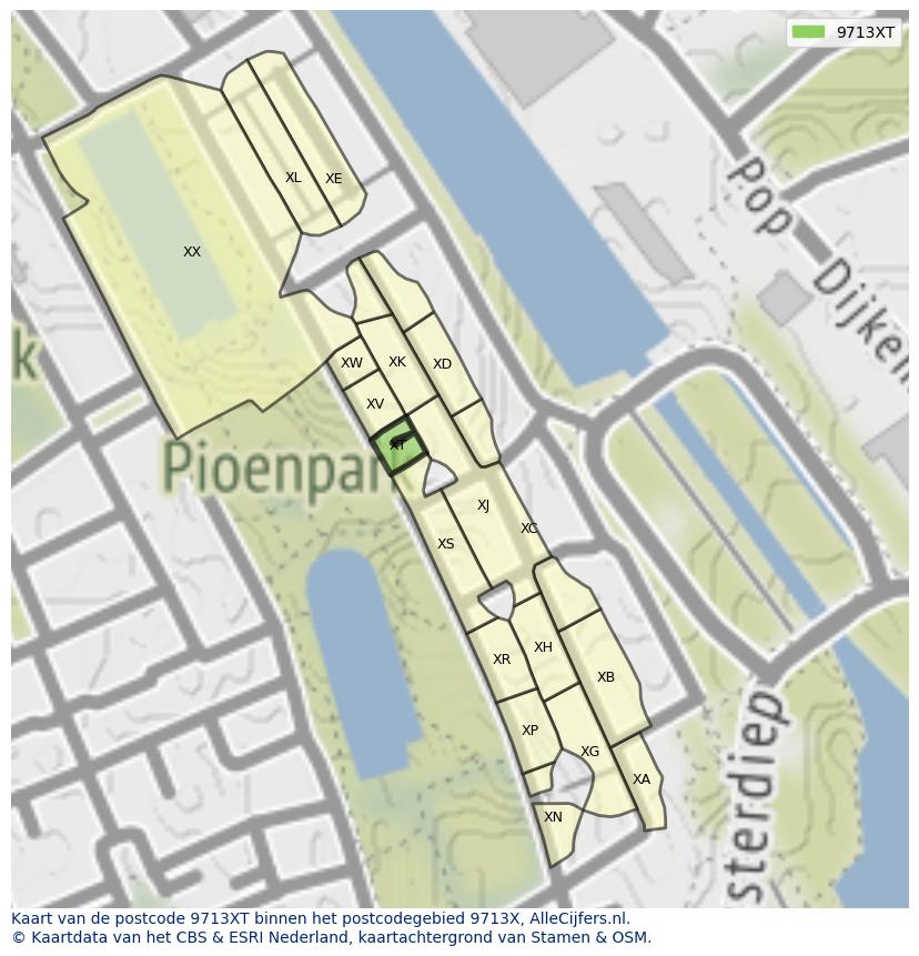 Afbeelding van het postcodegebied 9713 XT op de kaart.