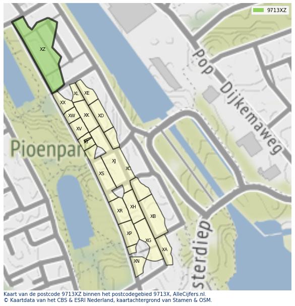 Afbeelding van het postcodegebied 9713 XZ op de kaart.