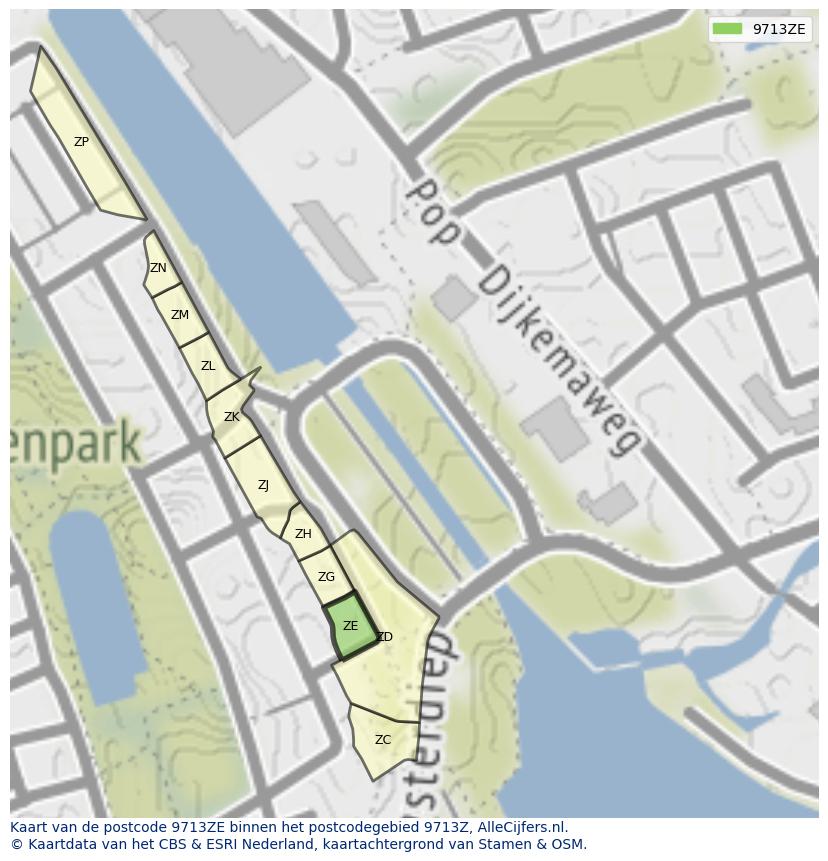 Afbeelding van het postcodegebied 9713 ZE op de kaart.
