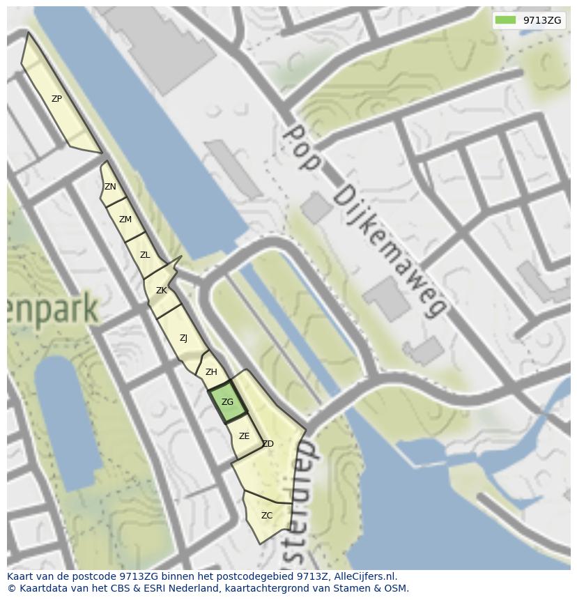 Afbeelding van het postcodegebied 9713 ZG op de kaart.