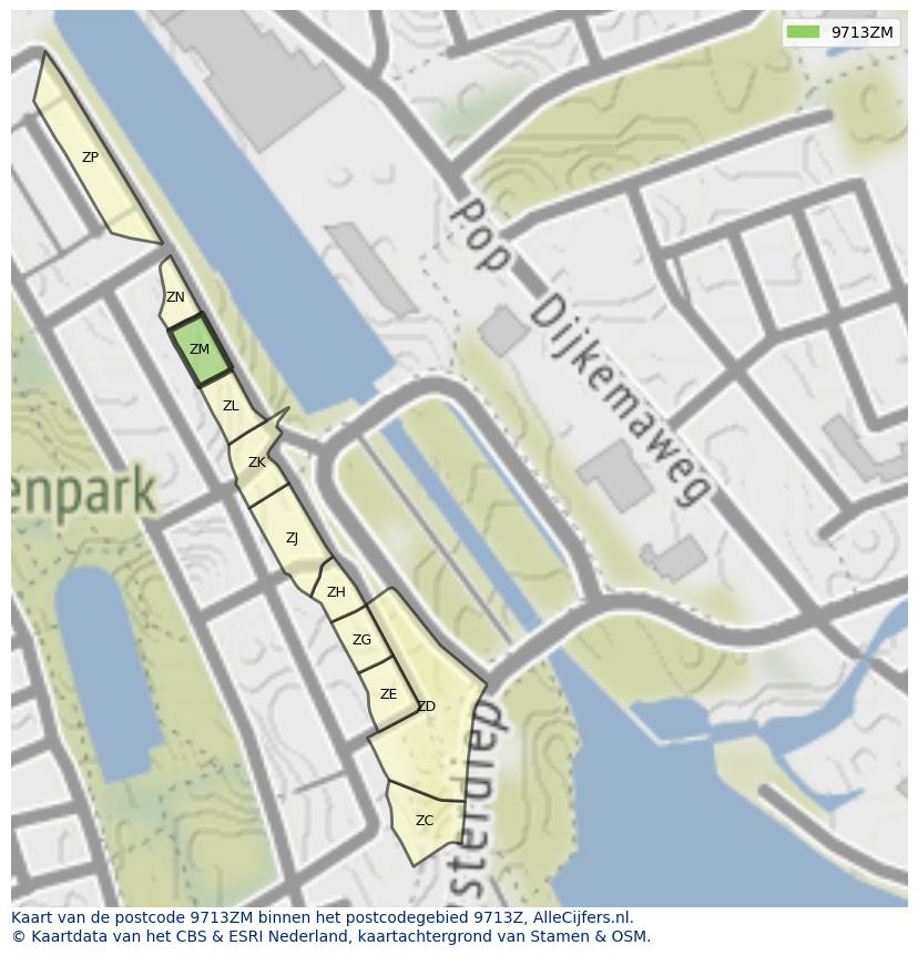 Afbeelding van het postcodegebied 9713 ZM op de kaart.