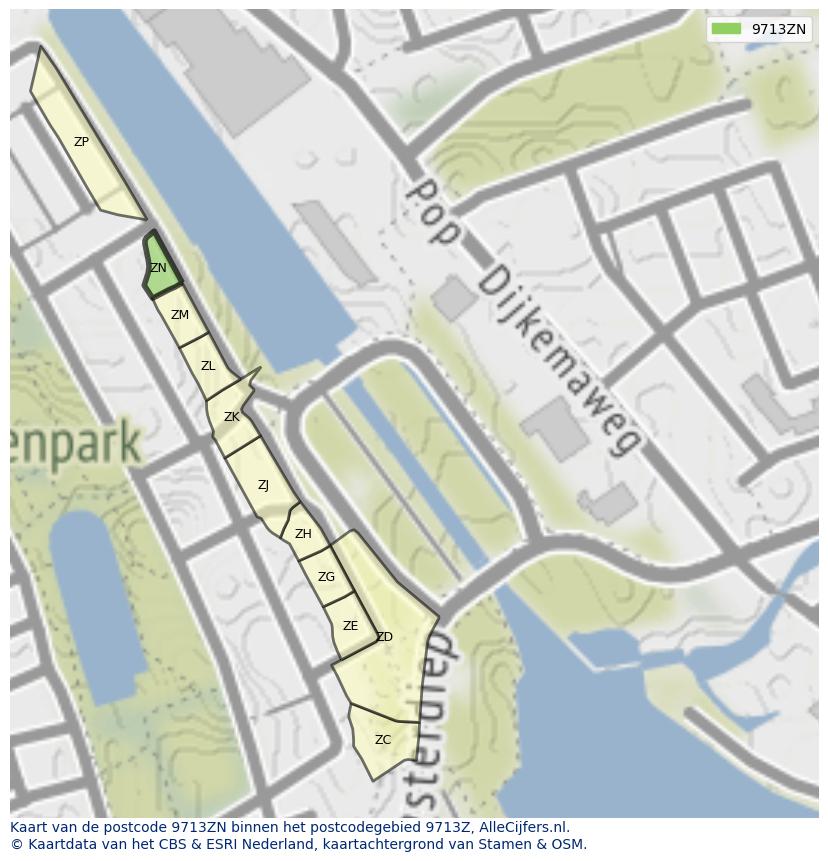 Afbeelding van het postcodegebied 9713 ZN op de kaart.