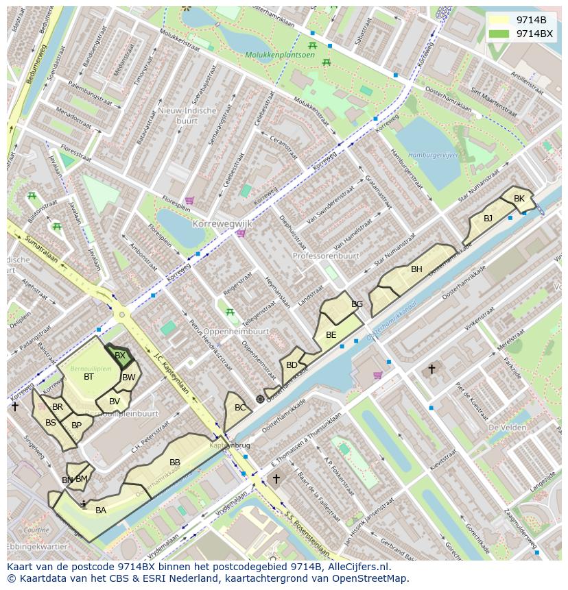 Afbeelding van het postcodegebied 9714 BX op de kaart.