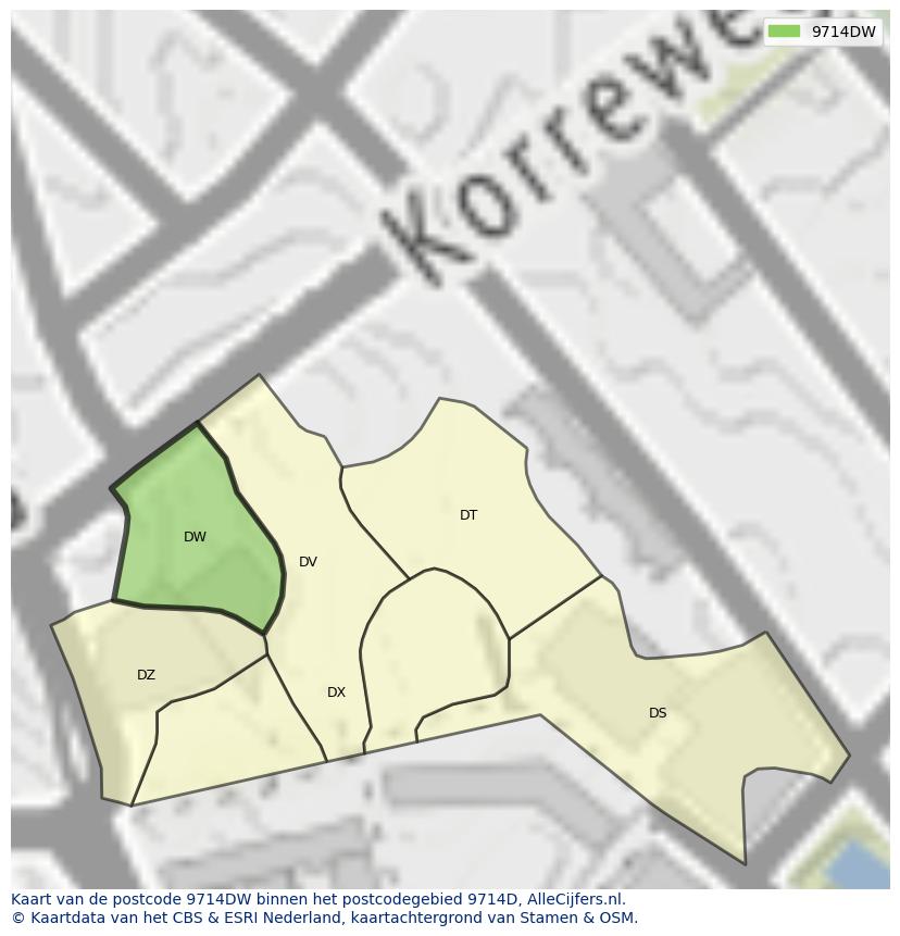 Afbeelding van het postcodegebied 9714 DW op de kaart.