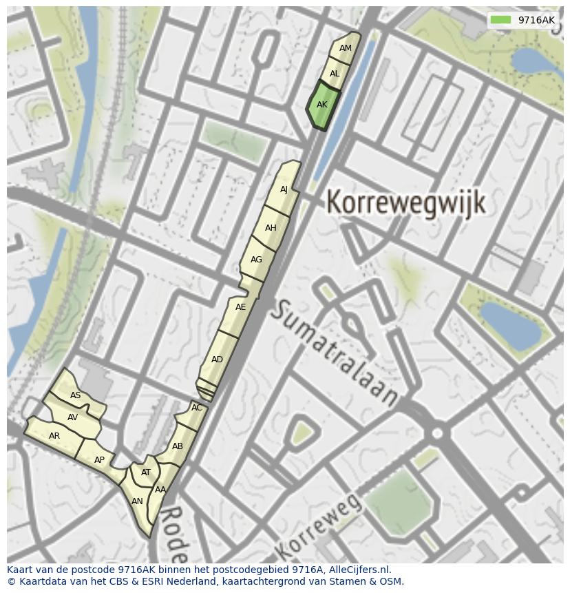 Afbeelding van het postcodegebied 9716 AK op de kaart.