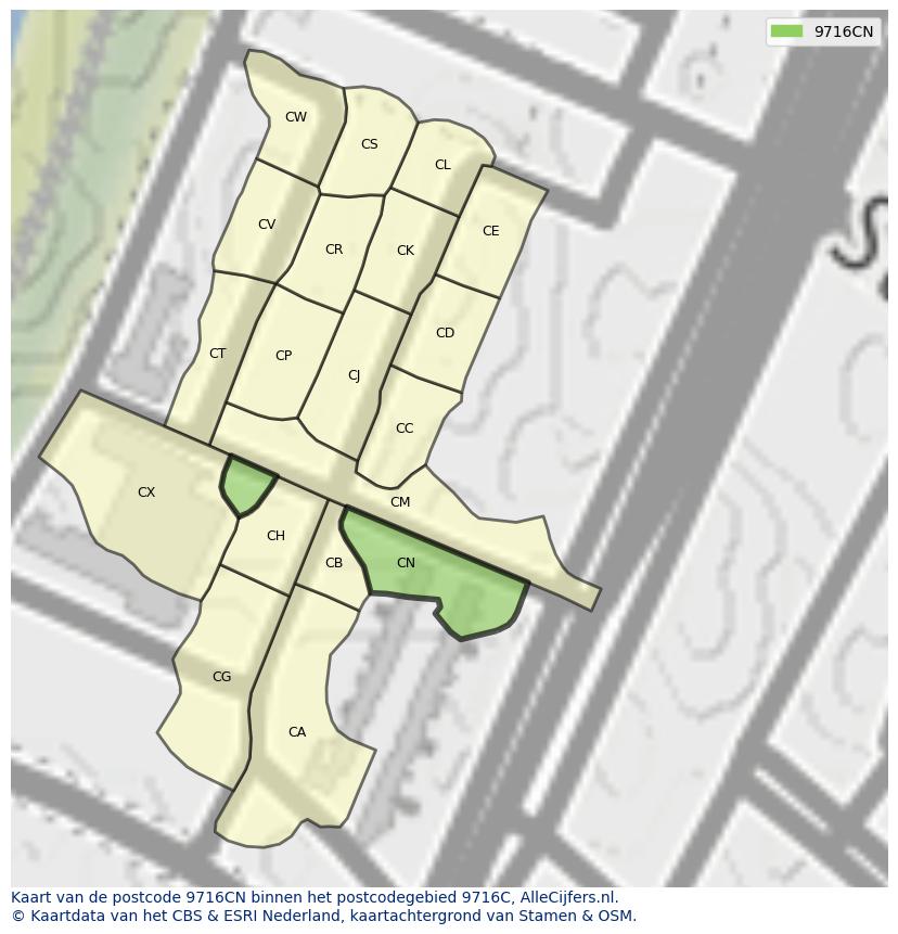 Afbeelding van het postcodegebied 9716 CN op de kaart.