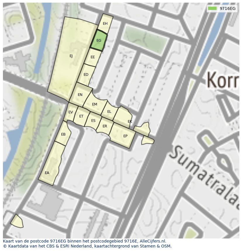 Afbeelding van het postcodegebied 9716 EG op de kaart.