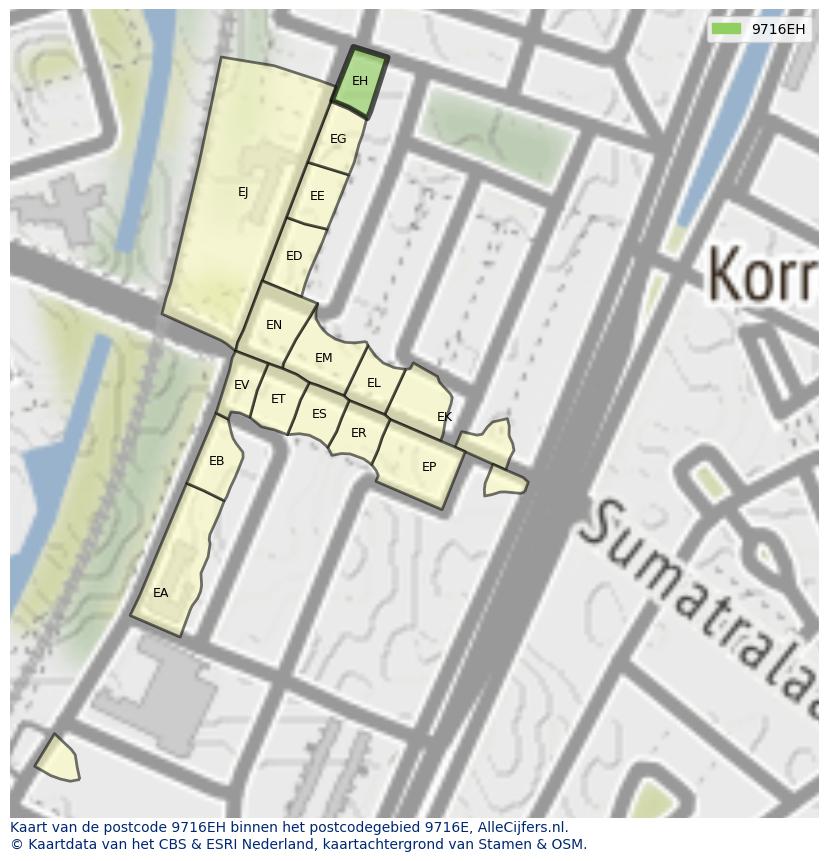 Afbeelding van het postcodegebied 9716 EH op de kaart.