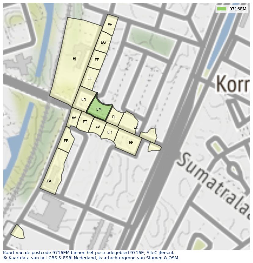 Afbeelding van het postcodegebied 9716 EM op de kaart.