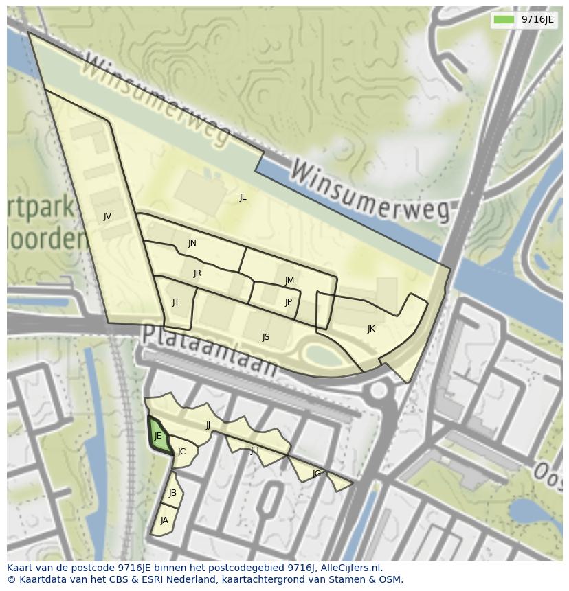 Afbeelding van het postcodegebied 9716 JE op de kaart.