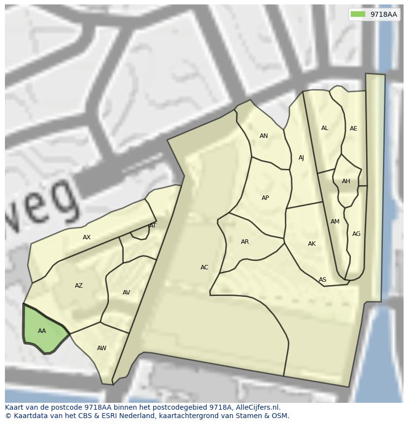 Afbeelding van het postcodegebied 9718 AA op de kaart.