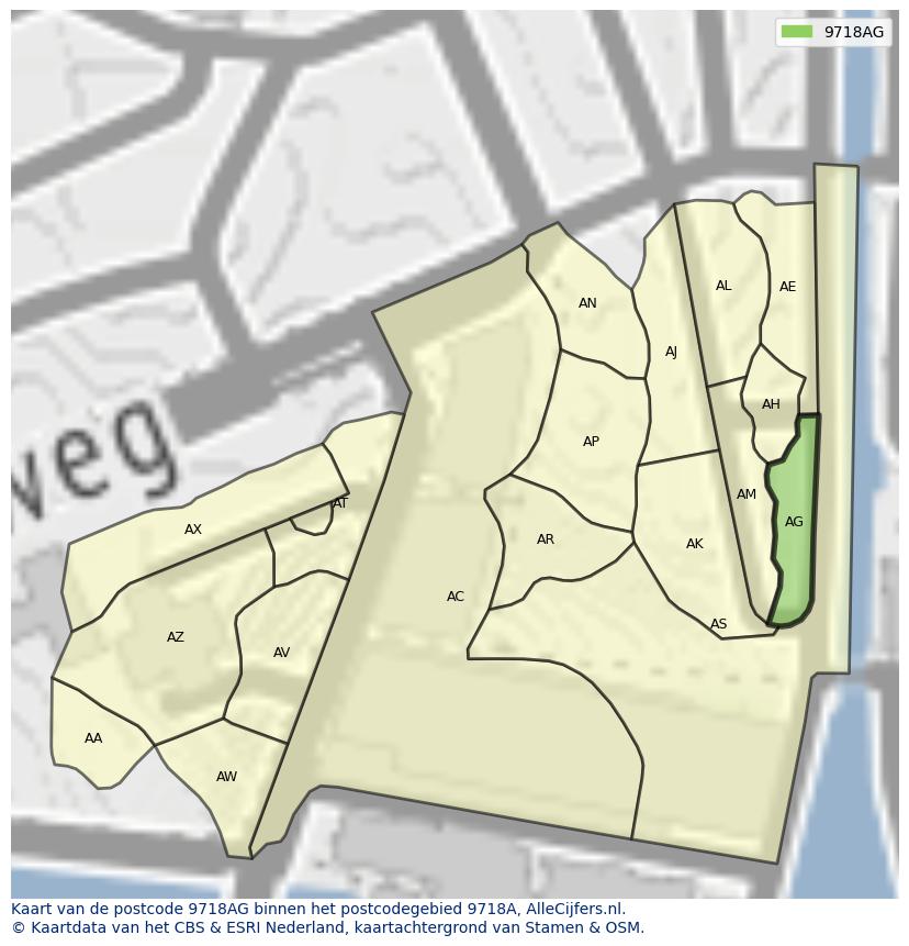 Afbeelding van het postcodegebied 9718 AG op de kaart.