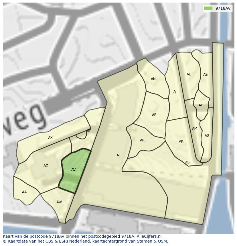 Afbeelding van het postcodegebied 9718 AV op de kaart.