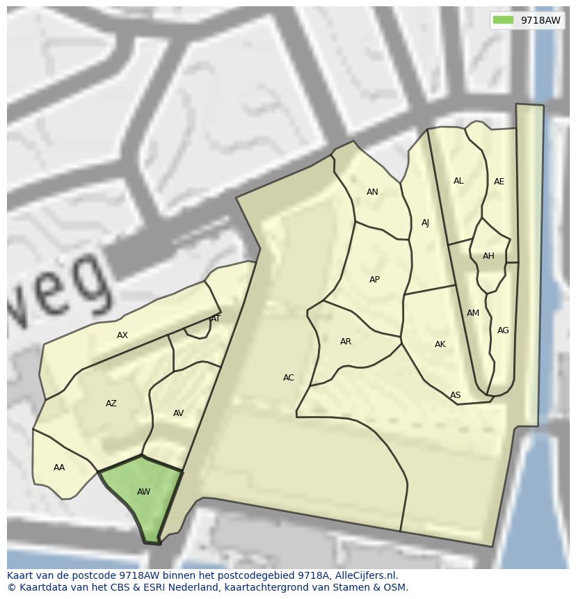 Afbeelding van het postcodegebied 9718 AW op de kaart.