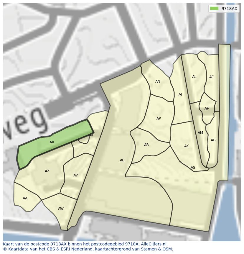 Afbeelding van het postcodegebied 9718 AX op de kaart.