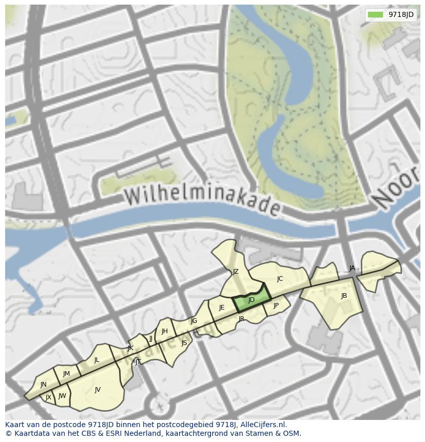 Afbeelding van het postcodegebied 9718 JD op de kaart.