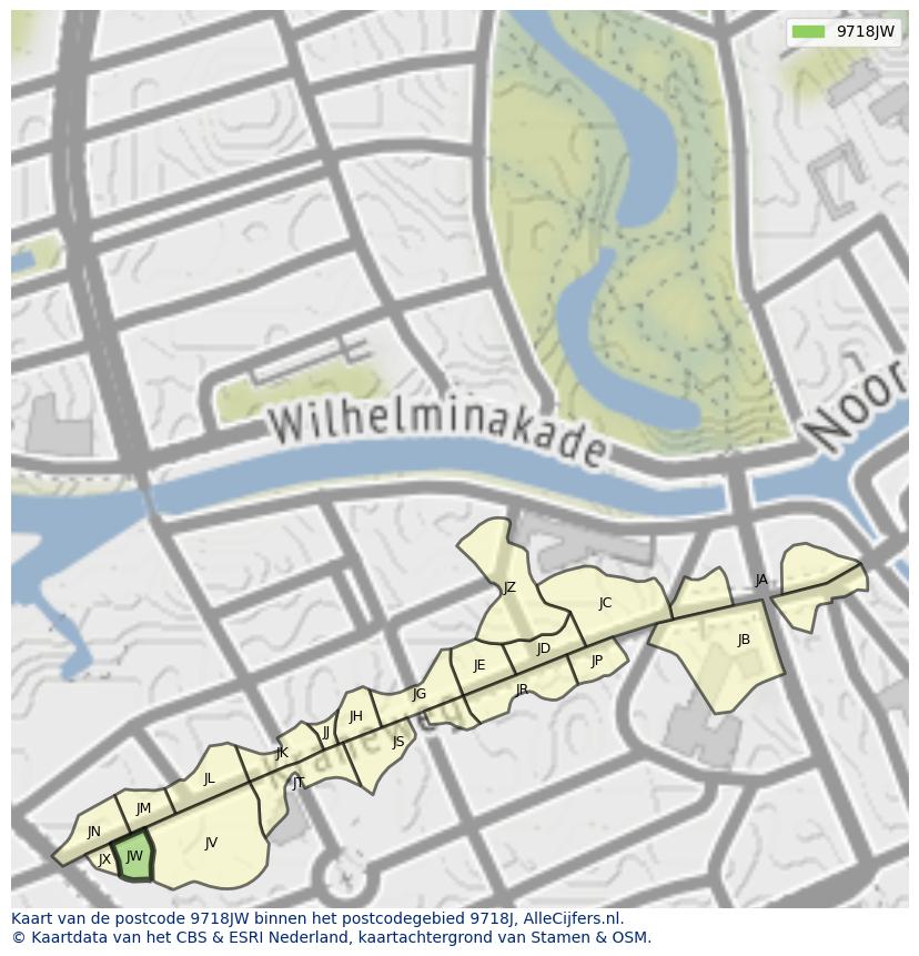 Afbeelding van het postcodegebied 9718 JW op de kaart.