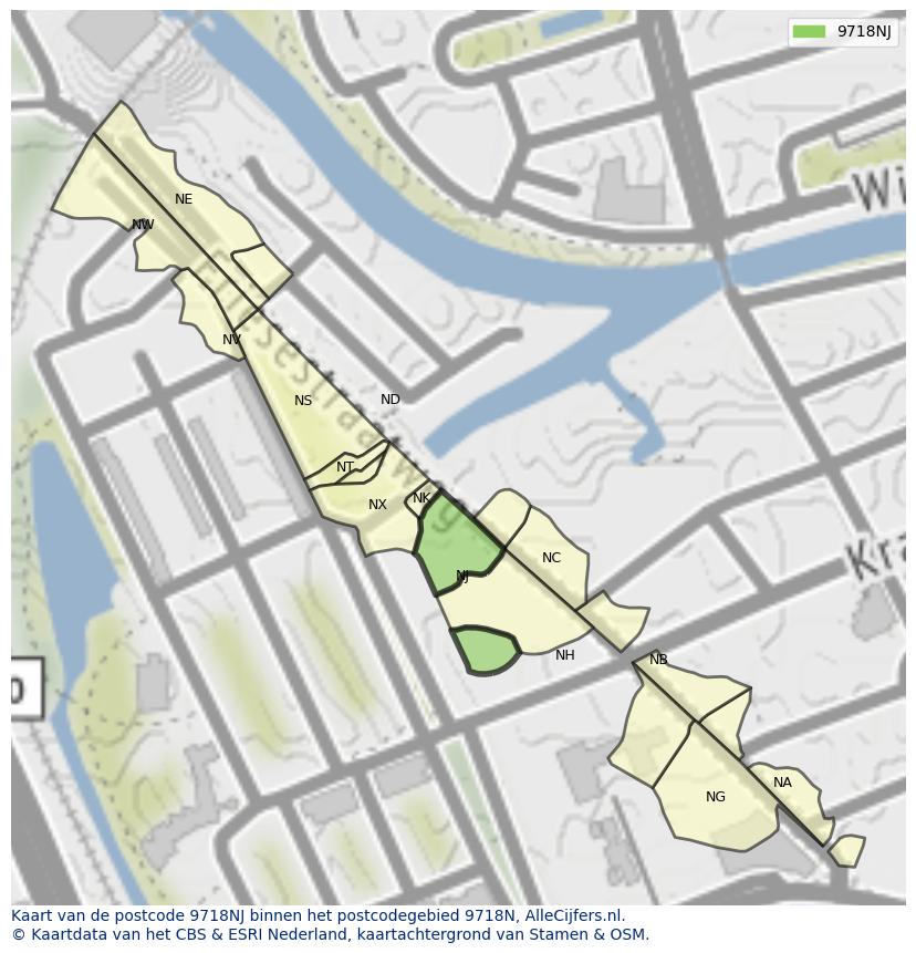Afbeelding van het postcodegebied 9718 NJ op de kaart.