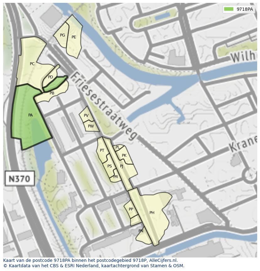 Afbeelding van het postcodegebied 9718 PA op de kaart.