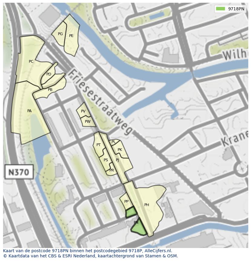 Afbeelding van het postcodegebied 9718 PN op de kaart.