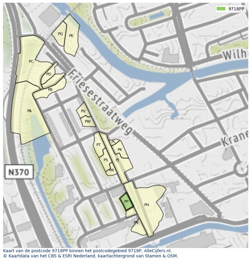 Afbeelding van het postcodegebied 9718 PP op de kaart.