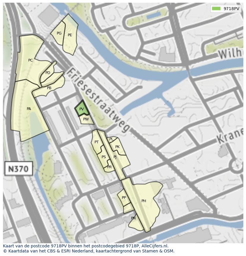 Afbeelding van het postcodegebied 9718 PV op de kaart.