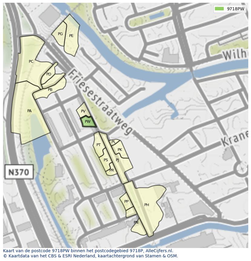 Afbeelding van het postcodegebied 9718 PW op de kaart.