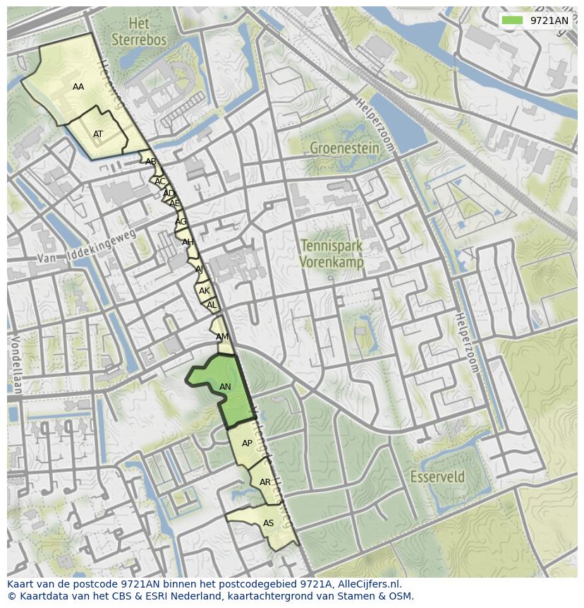 Afbeelding van het postcodegebied 9721 AN op de kaart.
