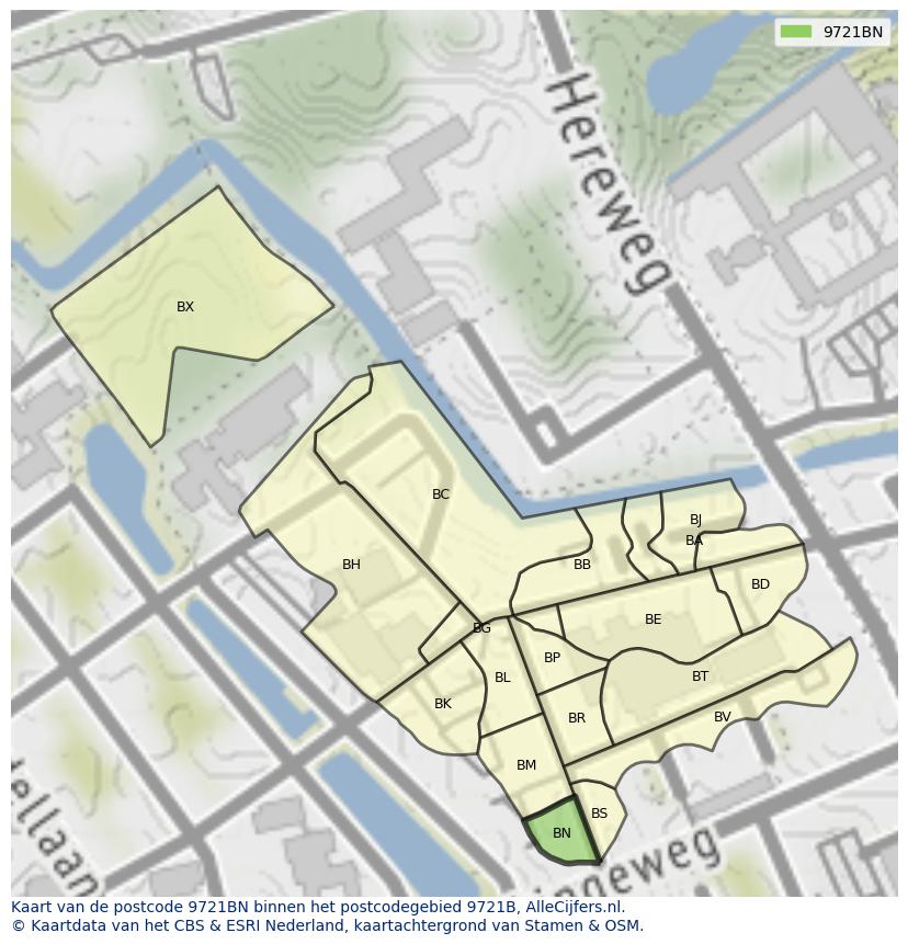 Afbeelding van het postcodegebied 9721 BN op de kaart.