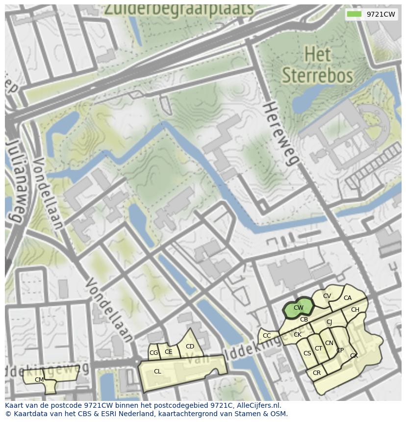 Afbeelding van het postcodegebied 9721 CW op de kaart.