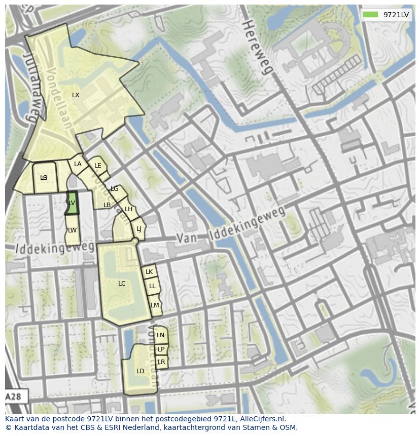 Afbeelding van het postcodegebied 9721 LV op de kaart.