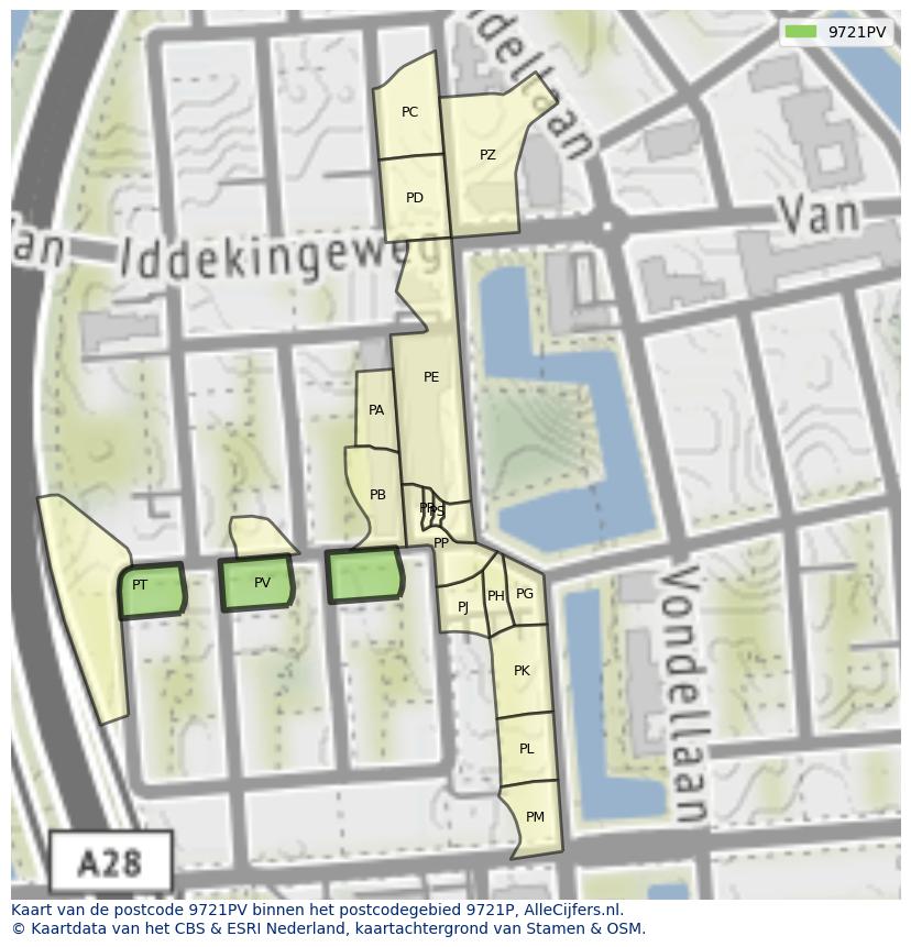 Afbeelding van het postcodegebied 9721 PV op de kaart.
