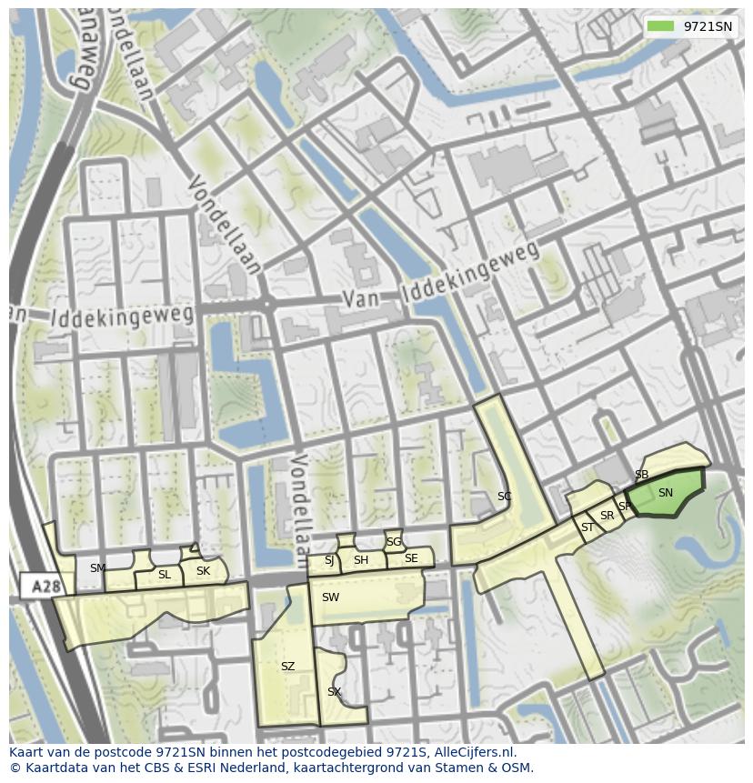 Afbeelding van het postcodegebied 9721 SN op de kaart.