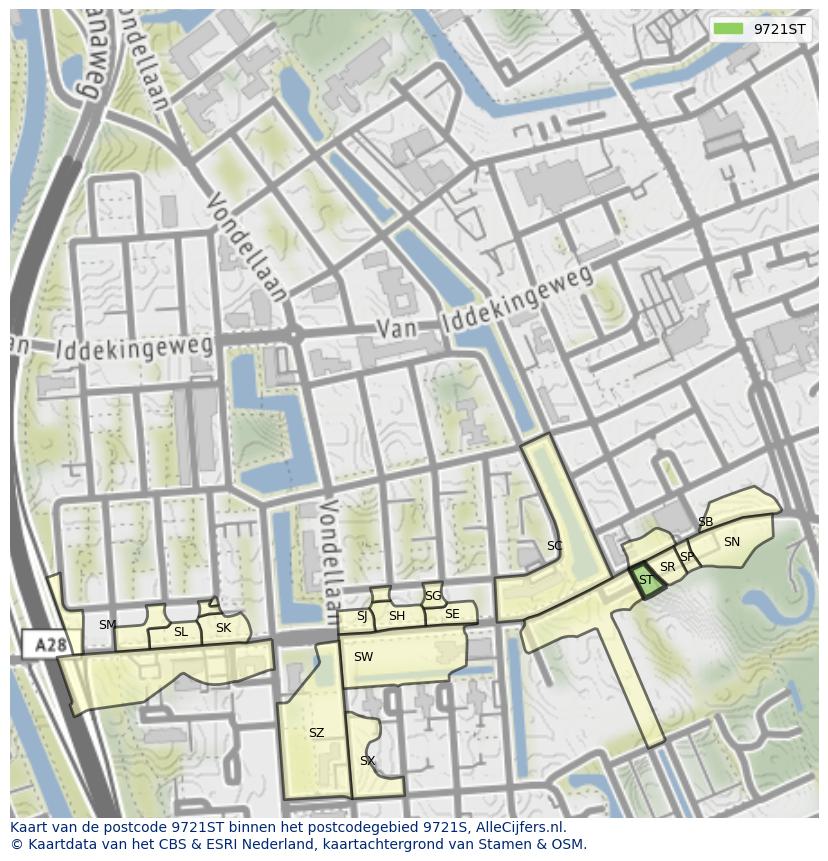 Afbeelding van het postcodegebied 9721 ST op de kaart.