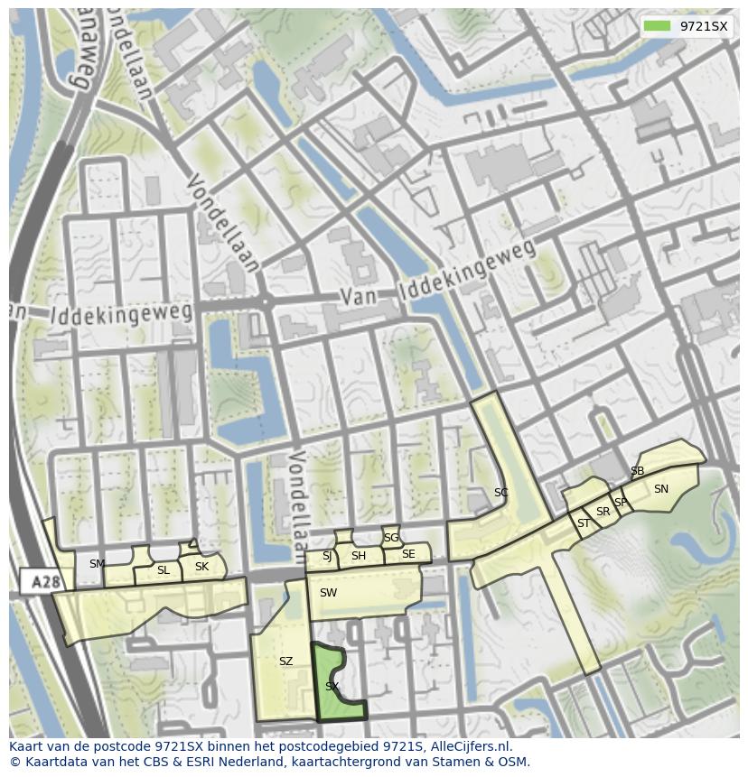 Afbeelding van het postcodegebied 9721 SX op de kaart.