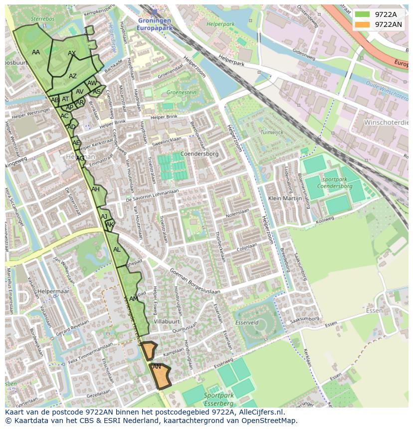 Afbeelding van het postcodegebied 9722 AN op de kaart.