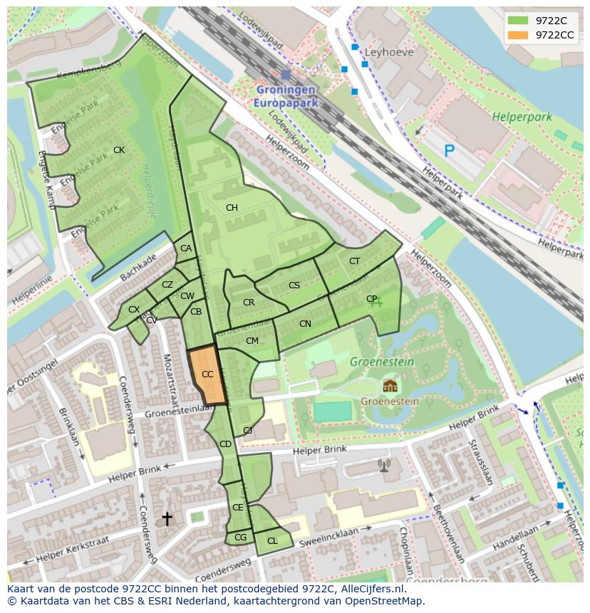 Afbeelding van het postcodegebied 9722 CC op de kaart.