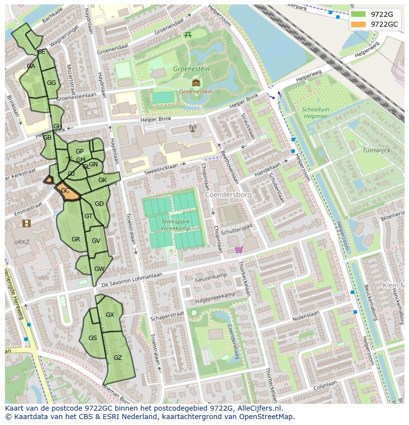 Afbeelding van het postcodegebied 9722 GC op de kaart.