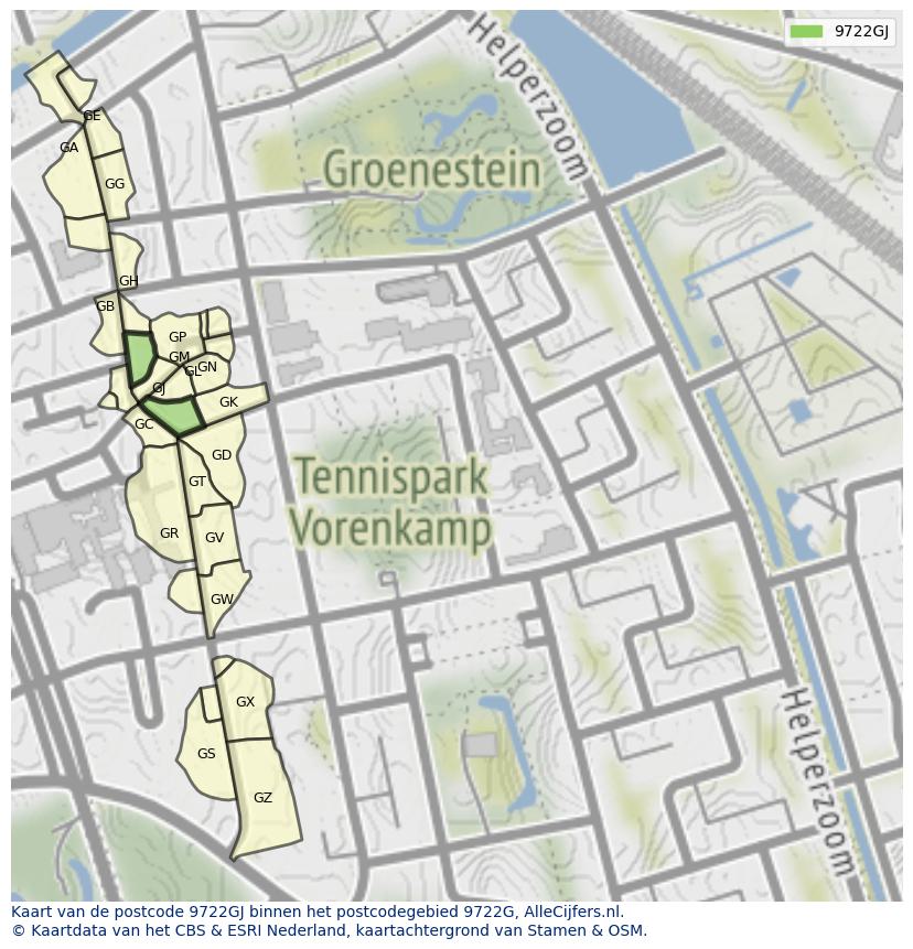 Afbeelding van het postcodegebied 9722 GJ op de kaart.