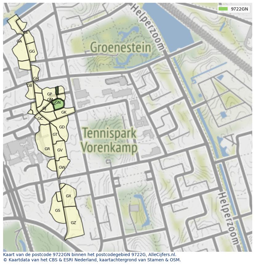 Afbeelding van het postcodegebied 9722 GN op de kaart.
