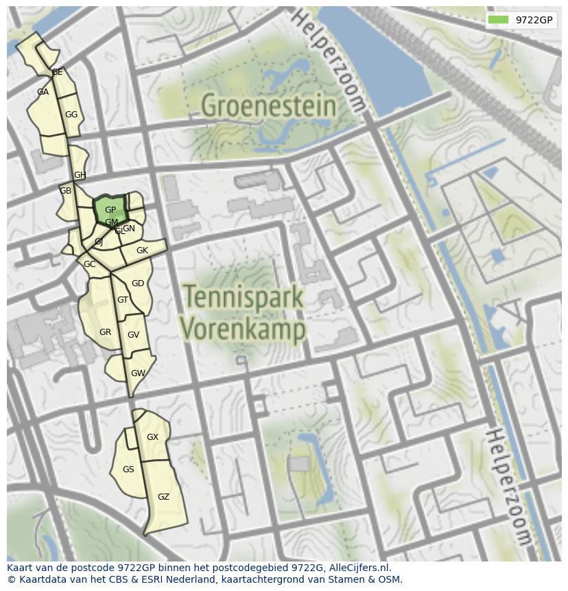 Afbeelding van het postcodegebied 9722 GP op de kaart.